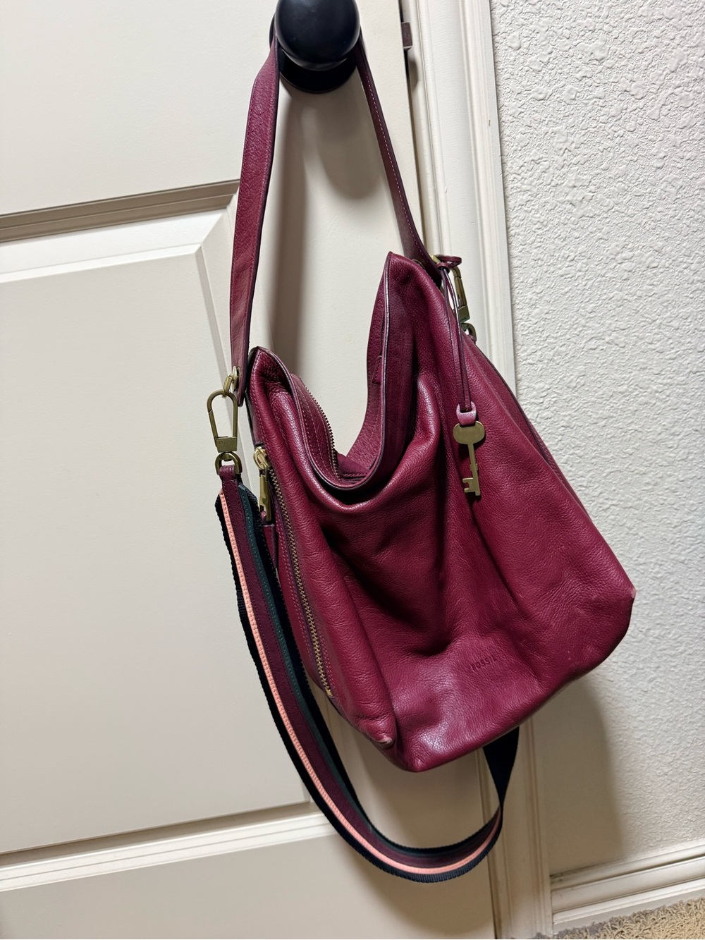 Fossil Burgundy Pebbled Leather Crossbody Tote with Colorful Strap